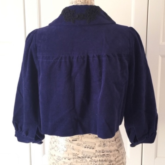 Anthropologie Elevenses Blue Corduroy Embroidered Cropped Jacket 8 - Picture 3 of 11